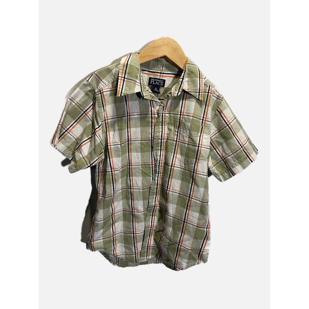 The Children's Place Button Down Boys M 7/8 Green Plaid Short Sleeve Casual Top‎